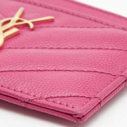 Pre Owned Saint Laurent Pink Matelassé Leather Cassandre Card Holder