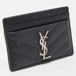 Pre Owned Saint Laurent Black Matelassé Leather Cassandre Card Holder