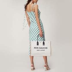 مملوكة مسبقًا Saint Laurent Beige/Black Linen and Leather Rive Gauche Shopper Tote