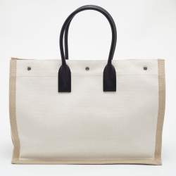 مملوكة مسبقًا Saint Laurent Beige/Black Linen and Leather Rive Gauche Shopper Tote