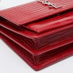Saint Laurent Red Shiny Croc Embossed Leather Medium Sunset Shoulder Bag