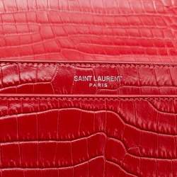 Saint Laurent Red Shiny Croc Embossed Leather Medium Sunset Shoulder Bag