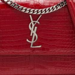 Saint Laurent Red Shiny Croc Embossed Leather Medium Sunset Shoulder Bag