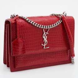Saint Laurent Red Shiny Croc Embossed Leather Medium Sunset Shoulder Bag