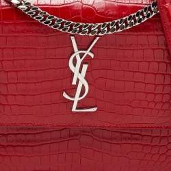 Saint Laurent Red Shiny Croc Embossed Leather Medium Sunset Shoulder Bag