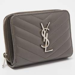 Saint Laurent Grey Matelasse Leather Monogram Compact Zip Wallet
