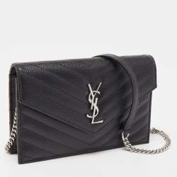 Pre Owned Saint Laurent Black Leather Cassandre Chain Clutch