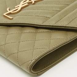 Pre Owned Saint Laurent Olive Green Mix Matelassé Leather Envelope Flap Clutch