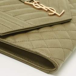 Pre Owned Saint Laurent Olive Green Mix Matelassé Leather Envelope Flap Clutch