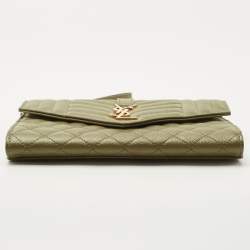 Pre Owned Saint Laurent Olive Green Mix Matelassé Leather Envelope Flap Clutch