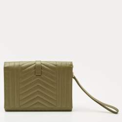 Pre Owned Saint Laurent Olive Green Mix Matelassé Leather Envelope Flap Clutch