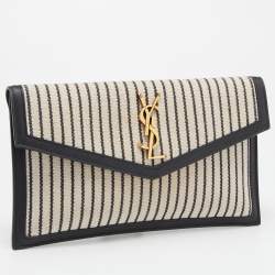 Saint Laurent Beige/Black Striped Canvas and Leather Medium Uptown Clutch