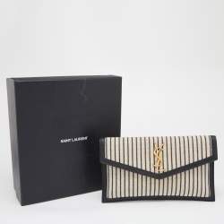 Saint Laurent Beige/Black Striped Canvas and Leather Medium Uptown Clutch
