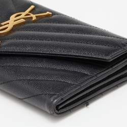 Pre Owned Saint Laurent Black Matelassé Leather Cassandre Continental Wallet