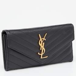 Pre Owned Saint Laurent Black Matelassé Leather Cassandre Continental Wallet
