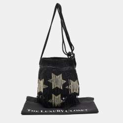 Pre Owned Saint Laurent Black Beads and Leather Fringed Small Shoulder Bag