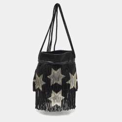Pre Owned Saint Laurent Black Beads and Leather Fringed Small Shoulder Bag