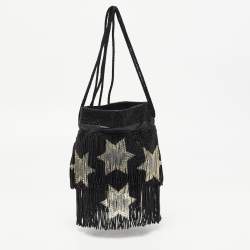 Pre Owned Saint Laurent Black Beads and Leather Fringed Small Shoulder Bag