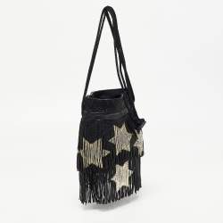 Pre Owned Saint Laurent Black Beads and Leather Fringed Small Shoulder Bag