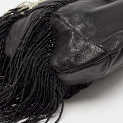 Pre Owned Saint Laurent Black Beads and Leather Fringed Small Shoulder Bag