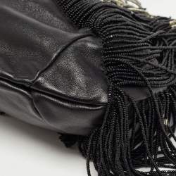 Pre Owned Saint Laurent Black Beads and Leather Fringed Small Shoulder Bag
