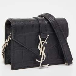Saint Laurent Black Croc Embossed Leather Mini Candy Chain Wallet