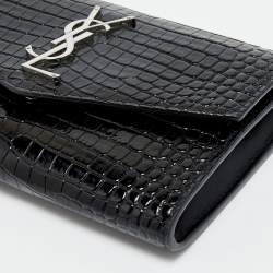Saint Laurent Black Croc Embossed Leather Uptown Wallet on Chain