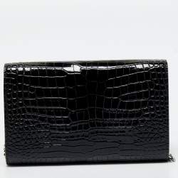 Saint Laurent Black Croc Embossed Leather Uptown Wallet on Chain