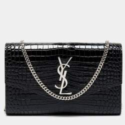 Saint Laurent Black Croc Embossed Leather Uptown Wallet on Chain