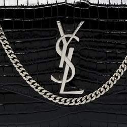 Saint Laurent Black Croc Embossed Leather Uptown Wallet on Chain