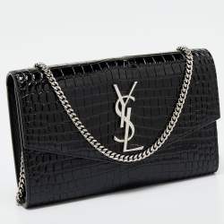 Saint Laurent Black Croc Embossed Leather Uptown Wallet on Chain