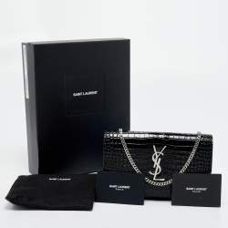 Saint Laurent Black Croc Embossed Leather Uptown Wallet on Chain