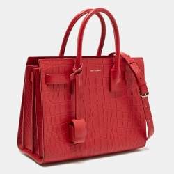 Pre Owned Saint Laurent Red Croc Embossed Leather Baby Classic Sac De Jour Tote
