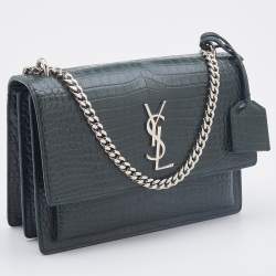 Pre Owned Saint Laurent Green Croc Embossed Leather Medium Sunset Shoulder Bag