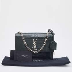 Pre Owned Saint Laurent Green Croc Embossed Leather Medium Sunset Shoulder Bag