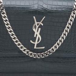 Pre Owned Saint Laurent Green Croc Embossed Leather Medium Sunset Shoulder Bag