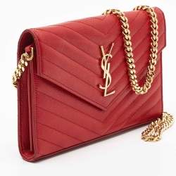 Saint Laurent Red Matelasse Leather Monogram Envelope Wallet on Chain