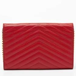 Saint Laurent Red Matelasse Leather Monogram Envelope Wallet on Chain