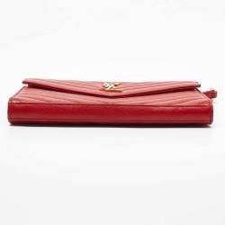 Saint Laurent Red Matelasse Leather Monogram Envelope Wallet on Chain