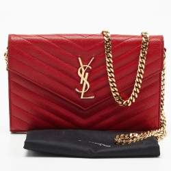 Saint Laurent Red Matelasse Leather Monogram Envelope Wallet on Chain