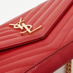 Saint Laurent Red Matelasse Leather Monogram Envelope Wallet on Chain