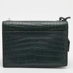 Pre Owned Saint Laurent Green Croc Embossed Leather Medium Sunset Shoulder Bag