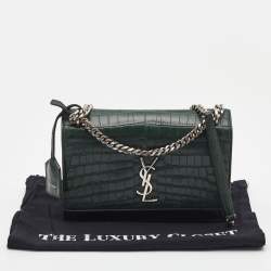 Pre Owned Saint Laurent Green Croc Embossed Leather Medium Sunset Shoulder Bag