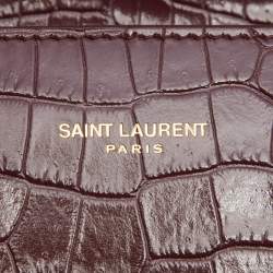 Pre Owned Saint Laurent Burgundy Croc Embossed Leather Mini Cassandra Top Handle Bag