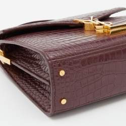 Pre Owned Saint Laurent Burgundy Croc Embossed Leather Mini Cassandra Top Handle Bag