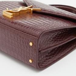 Pre Owned Saint Laurent Burgundy Croc Embossed Leather Mini Cassandra Top Handle Bag