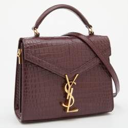 Pre Owned Saint Laurent Burgundy Croc Embossed Leather Mini Cassandra Top Handle Bag