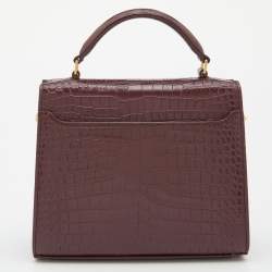 Pre Owned Saint Laurent Burgundy Croc Embossed Leather Mini Cassandra Top Handle Bag