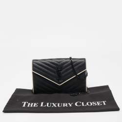 Saint Laurent Black/White Matelassé Leather Cassandre Wallet on Chain