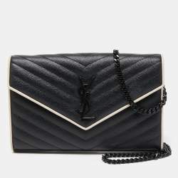 Saint Laurent Black/White Matelassé Leather Cassandre Wallet on Chain